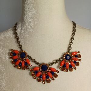 J CREW Necklace  Rhinestone Statement Bib Orange Blue Colorful Bold Wedding Part